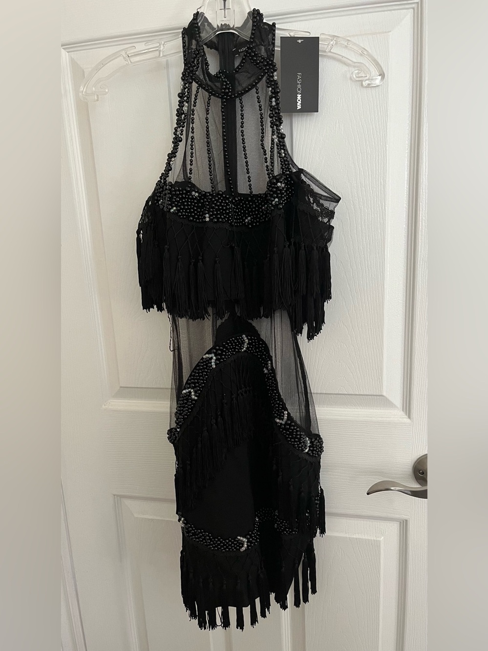 Fashion Nova Black Beaded Fringe Mesh Dress